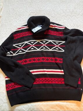 Chaps Black Turtleneck Sweater with Red and White Fair Isle Pattern